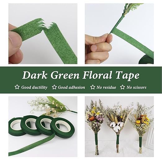 BOMEI PACK Dark Green Floral Tape 12 Rolls 1/2 inch x 30yds for Fixing, Decorating Flower Bouquets, and Bouquet Wrapping.