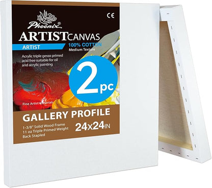 PHOENIX 24x24 Inch 2 Pack Gallery Canvas - 1.5 in Thick Large Square Canvases for Painting - Deep Edge 100% Cotton 11 Oz. Gesso Primed White Blank Professional Canvas Oil & Acrylic Paints