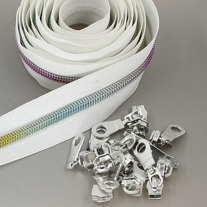 Leekayer #5 Metallic Nylon Coil Zippers by The Yard Colorful Teeth Zipper Bulk 10 Yards White Tape with 25pcs Silver Sliders for DIY Sewing Tailor Craft Bag(White)