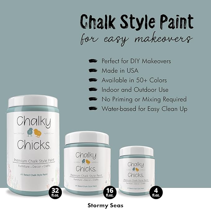 Chalky Chicks All-in-One Chalk Paint for Furniture or Cabinet - 32Fl Oz- Matte Finish Stormy Seas (Light Blue) for Metal, Wood Furniture Paint - No Sanding All-in-One for Home Decor & Crafts, USA Made