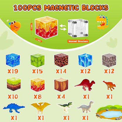 100PCS Dinosaur Magnetic Blocks for Kids: 1" Magnetic Building Blocks for Kids Ages 4-8 8-12, Magnet Cubes Sensory STEM Stacking Toys for Boys & Girls,Christmas Birthday Gifts for Toddler Ages 3+