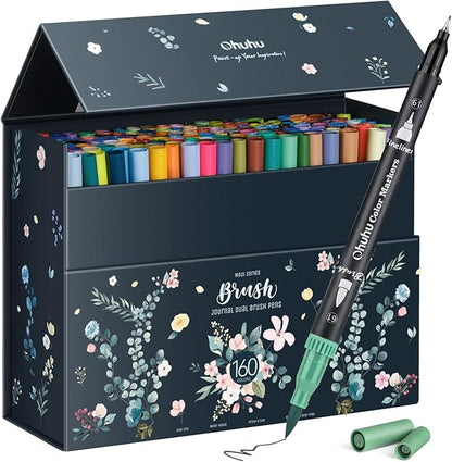 Ohuhu Markers for Adult Coloring Books No Bleeding 160 Colors Coloring Markers Water-based Dual Tips Fineliner & Brush Drawing Pens Art Pens for Kids Adults Sketch Journal - Maui - Black