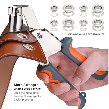 CRAFTMEMORE Grommet Tool Kit with 200 Silver Grommets, 3/8 and 1/4 inch Double Head Pliers, for Tarps, Fabric Rings, Leather, Tents, Vinyl, Canvas
