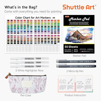 Shuttle Art 240 Colors Alcohol Markers, 239 Colors Dual Tip Art Marker Set Plus Colorless Blender, Micro-tip Pens, White Highlighter Pens, Marker Bag with Holders Perfect for Students Adults Coloring