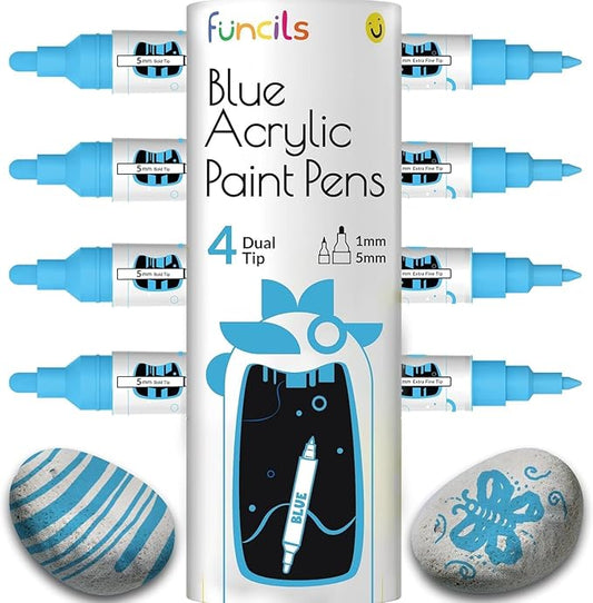 4 Dual Tip Blue Paint Pen Metallic - Fine Tip & Medium Acrylic Markers - Blue Paint Marker for Metal, Wood, Rock Painting, Canvas, Ceramic, Glass, Fabric, Leaf and Plastic - Water-based Ink