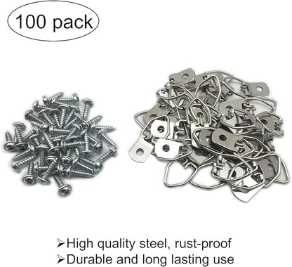 100 Pack Small D-Ring Steel Picture Hangers with Screws Picture Frames Picture Hang Solutions, for Hanging Clock Paintings Artwork Picture Frame Hook Photos
