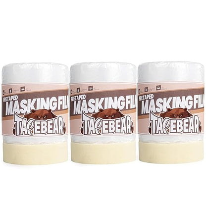 TAPEBEAR Pre-Taped Masking Film 22inch x 65feet(550mmx 20m), Plastic Cover for Painting, Tape and Drape, Plastic Sheeting for Automotive, Floor, Appliance and Furniture, 3Rolls