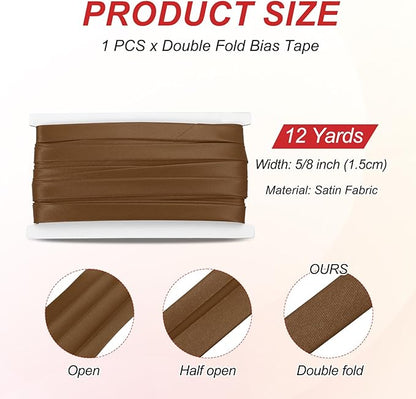 MECCANIXITY Double Fold Bias Tape for Sewing 5/8 Inch x 12 Yards Satin Pre-fold Continuous Binding Tape for Seaming Quilting Hemming Binding DIY Crafts, Coffee