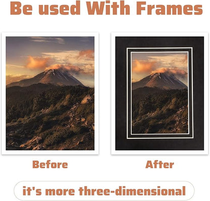 HOTUO 10 Pack Acid Free Black Picture Frame Mats, Pre-Cut 11x14 Picture Mats with Ivory Core Bevel Cut for 8x10 Photo, Signature Friendly 4 Ply Thickness Photo Mat for Frames (Black with V-Groove)