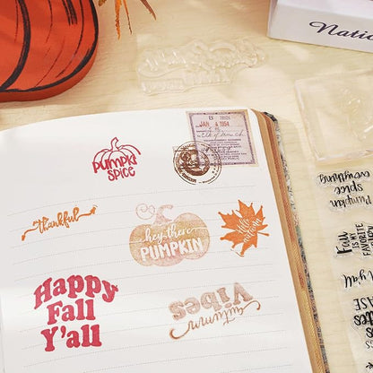 Whaline 4 Sheet Fall Thanksgiving Words Clear Stamps Greeting Words Pumpkin Maple Leaves Silicone Transparent Stamps Happy Fall Stamp Cards for DIY Craft Card Making Scrapbooking Embossing Album Decor