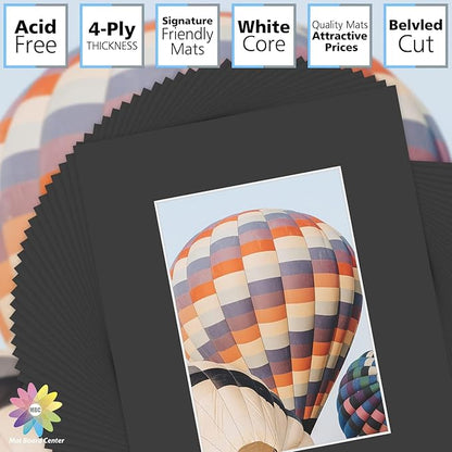 Mat Board Center, Pack of 50, 8x10 for 5x7 Black Picture Mat Sets - Acid Free, 4-ply Thickness, Bevel Pre-Cut White Core - Includes Backing Boards and Clear Bags - for Pictures, Photos, Framing