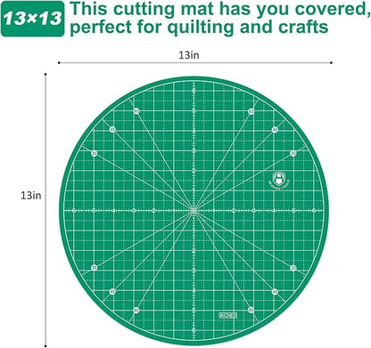 Headley Tools 13"x13" Round Rotating Cutting Mat, Self Healing Mat with 360-Degree Rotation & Anti-Slip Base, Sewing Board Cutting Mat Perfect for Fabric Quilting Leather Hobby Project, Green