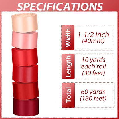 1-1/2 Inch Red Satin Ribbons for Crafts, 6 Rolls Single-Faced Red Assorted Ribbons for Gift Wrapping Flower Bouquet Wedding Invitations Bridal Shower Hair Bows Garland Party Decor