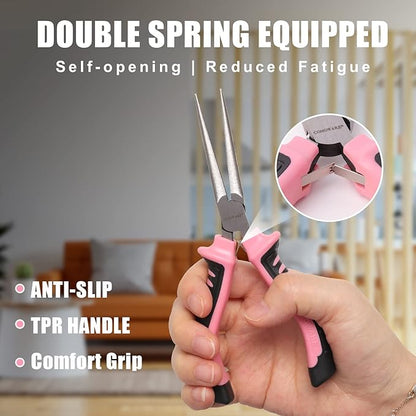 COMOWARE 6-Piece Mini Pliers Set, Needle Nose, Long Nose, Bent Nose, Diagonal, End Cutting and Linesman, for Crafts Work, Electronic Repair, with Pink Pouch