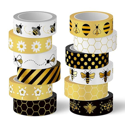 Whaline 12 Rolls Bee Washi Tape Foil Gold Honey Bee Washi Masking Tape 15mm Wide Bumblebee Honeycomb Daisy Print Decorative Adhesive Masking Tape for Scrapbook Gift Wrapping DIY Art Crafts