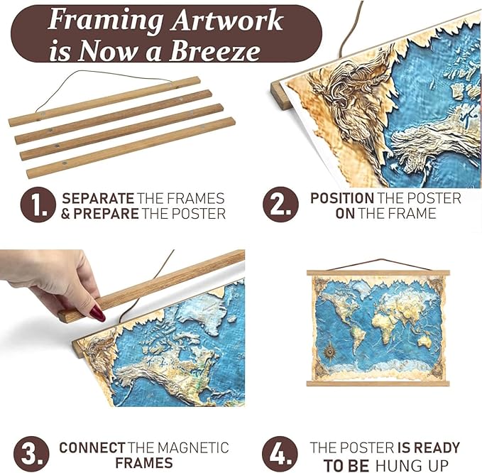 DACRI HOME 34 Inch Magnetic Poster Hanger Frame -Sturdy Teak Wood Poster Frame, Strong Magnets for Quick Hanging Maps, Posters, Picture, Print, Scroll Wall Art 34x22 34x23 34x24 (34", Natural Wood)