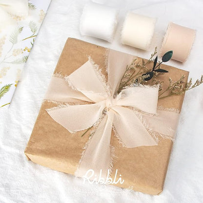 Ribbli White Chiffon Ribbon 1-1/2 inch x 20 Yard Handmade Fringe Chiffon Silk Ribbon, White Ribbon for Wedding Invitations, Bridal Bouquets Wrapping, Flower Arrangement Decoration