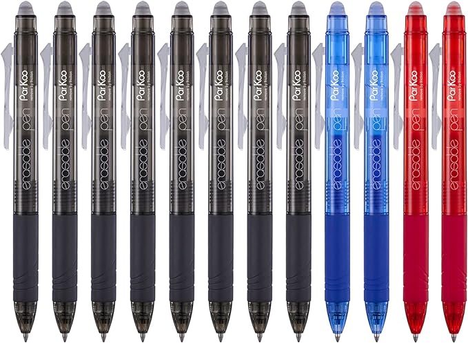 ParKoo Retractable Erasable Gel Pens Clicker Fine Point 0.7 mm, No Need for White Out, 8 Black/2 Blue/2 Red Ink for Completing Sudoku and Crossword Puzzles, 12-Pack