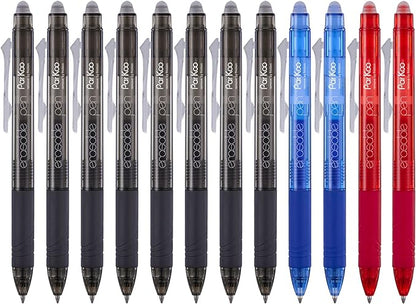 ParKoo Retractable Erasable Gel Pens Clicker Fine Point 0.7 mm, No Need for White Out, 8 Black/2 Blue/2 Red Ink for Completing Sudoku and Crossword Puzzles, 12-Pack