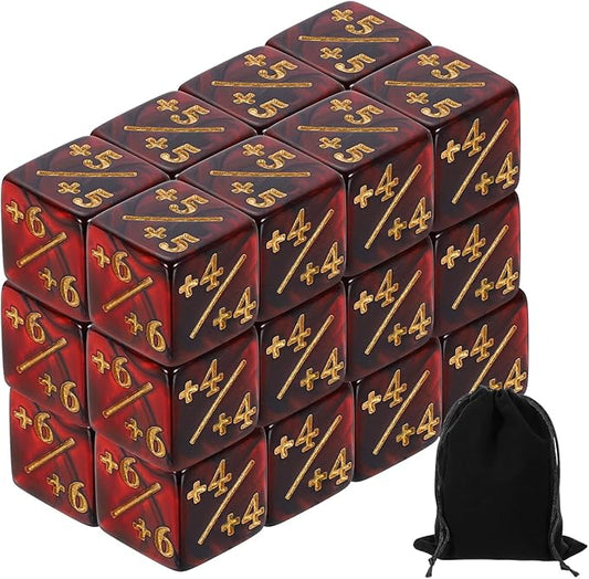 uxcell 24Pcs Magic Dice Counters, Acrylic D6 Life Token Dice Set with Pouch for Standard Cards Gaming Accessories, Red & Black