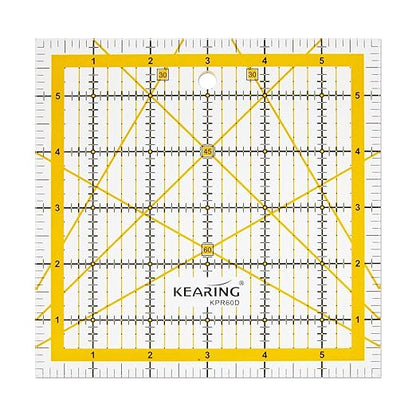 KERING Patchwork Quilting Ruler - 6x6 inch Non-Slip Acrylic Square Ruler for Foundation Paper Piecing, Bias Strips & Rotary Cutting, Durable Quilter's Tool with Anti-Slip Backing