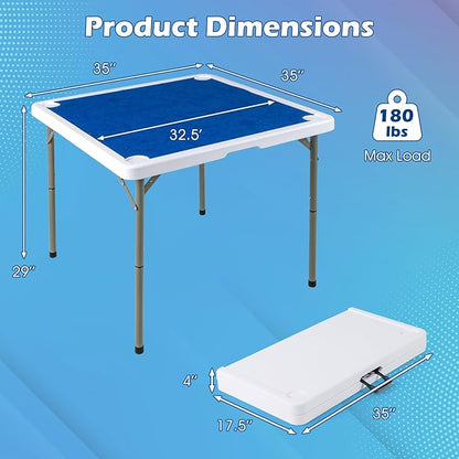 Giantex Folding Mahjong Table, 35" Square Card Table with Cup Holders, Removable Noise Reduction Mat, HDPE Tabletop, 4-Player Portable Domino Tables for Poker Blackjack Board Game (Dark Blue)
