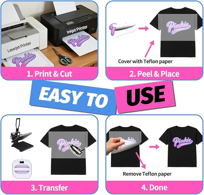 Lovein Pinkie Iron on Heat Transfer Paper for Dark T Shirts (20 Sheets 8.5x11", Dark Plus) Printable HTV Heat Transfer Vinyl for Inkjet & Laserjet Printer Iron on Transefers Paper for Dark Fabric