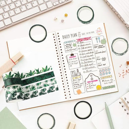 12 Rolls Greenery Washi Tape Set, Summer Tropical Leaves Masking Tape, Green Plants Cactus Succulents Decorative Tape Sticker for Scrapbook Journal DIY Craft Gift Wrapping 16.4FT