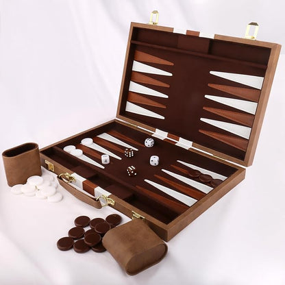 Backgammon Set - Classic Board Game with Premium Leather Case - Portable Travel Strategy Backgammon Game Set for Adults, Kids (15inch, Khaki)