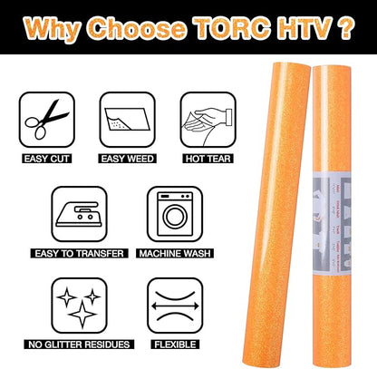 TORC Bright Orange Glitter HTV Heat Transfer Vinyl Roll 12 inch x 5 ft Iron on Vinyl for T Shirts Fall Thanksgiving Crafts