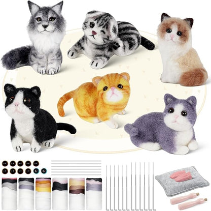 MOREJMTT Needle Felting Kit, 6 PCS Animal Needle Felting Beginner Kits, Wool Felt Needle Felting Tools Foam Pad, Craft Party Supplies for Beginners Adult(Cat Family)