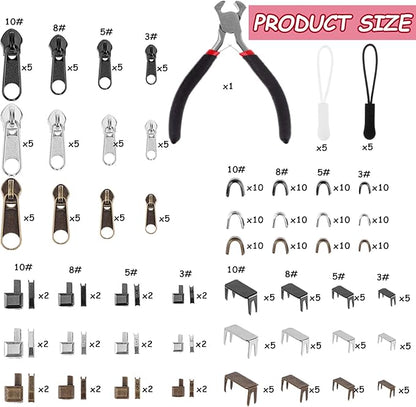 275 Pcs Zipper Repair Kit - Replacement Zipper Pulls & Sliders Set with Install Pliers for Jackets, Coats, Sleeping Bags, Backpacks