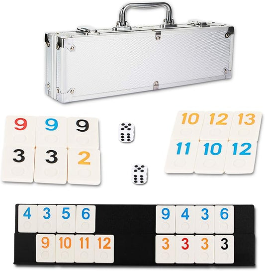 NOLIE 106 Tiles Rummy Cube Game Set with Aluminum Case and 4 Anti-Skid Durable Trays for 2-4 Players