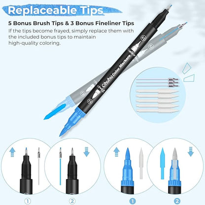 Ohuhu Markers for Adult Coloring Books No Bleeding 120 Colors Coloring Markers Water-based Dual Tips Fineliner & Brush Drawing Pens Art Pens for Kids Adults Sketch Journal - Maui - Black