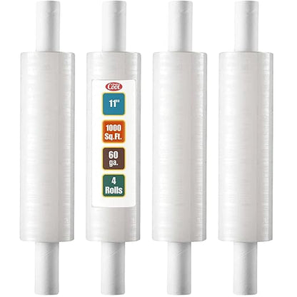Stretch Wrap with Handle Industrial Strength 4 Pack 11" x 1000 Ft 60 Gauge Thick (15 Micron) Shrink Wrap Roll for Moving Supplies, Furniture, Pallets, Plastic Wrap for Packing, Heavy Duty Stretch Film