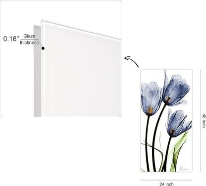 Empire Art Direct Frameless Free Floating Tempered Glass Panel Graphic Wall Art Ready to Hang, 24" x 48", Three Blue Tulips, Flower wall art
