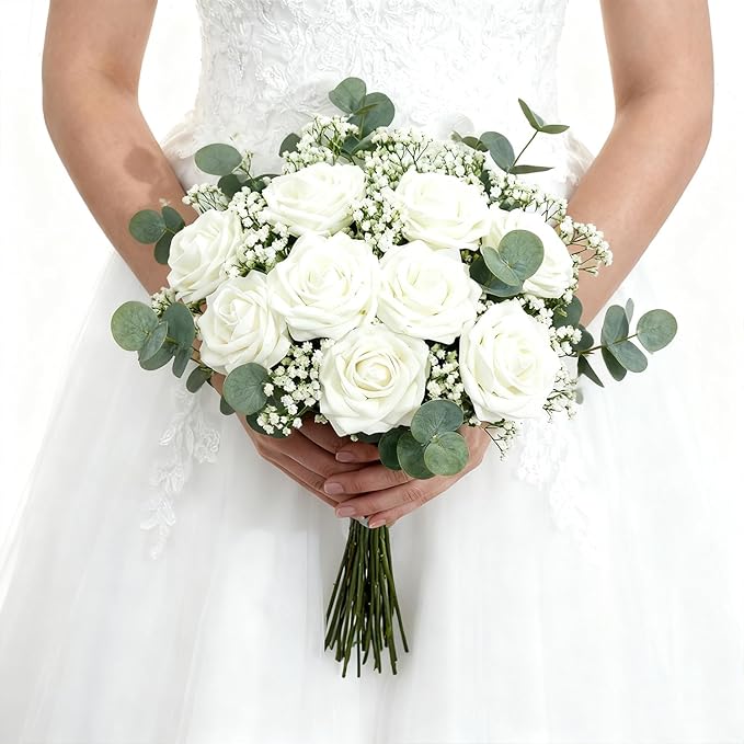 Artificial Flowers Foam Fake Roses 25pcs White Roses with Stems for Home Decor DIY Wedding Bouquets Party Bridal Shower Centerpieces Faux Flower Arrangements Tables Decorations