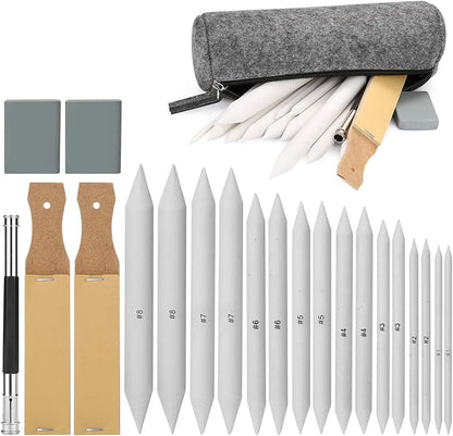 AGPTEK 22 PCS Sketch Drawing Tools, 16 Blending Stumps Set with 2 Sandpaper Pencil Sharpeners, 1 Pencil Extension Tool, 2 Erasers & 1 Felt Bag for Student Sketch Drawing Accessories
