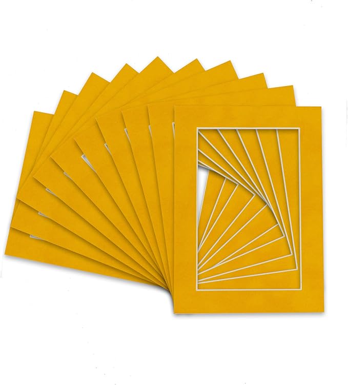 Pack of Ten Acid Free 8x10 Mats Bevel Cut for 5x8 Photos - Bright Yellow Precut Matboards With Backing Boards and Self Seal Photo Mat Bags For Pictures, Photos, Framing - 4-ply Thickness
