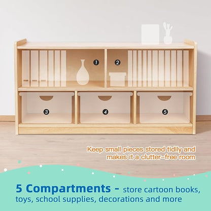 OOOK Montessori Shelf 5-Section Wooden Storage Cabinet, 2-Shelf Toy Organizers and Storage, Kids Classroom Organizer, Playroom, Daycare and Preschool