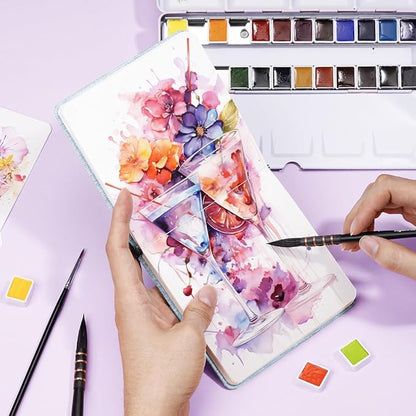 Lightwish Square Watercolor Journal,100% Cotton,300gsm/140lb,Acid-Free,24 Sheets Hot Press Watecolor Paper Sketchbook for Artists Adults Students,4.7 * 4.7 Inches