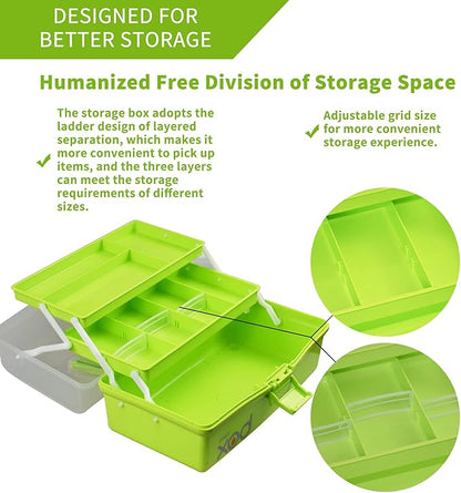 12in Three-Layer Multipurpose Storage Box Folding Tool Box/Art & Crafts Case/Sewing Supplies Organizer/Medicine Box/Family First Aid Box with 2 Trays (Green)
