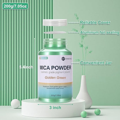 Mica Powder,7.05OZ（200g）,Golden Green Mica Powder Pigment for Epoxy Resin，Lip Gloss，Car Paint，Dye，Soap Making，Nail Polish,Epoxy Resin,Candle Making,Bath Bombs