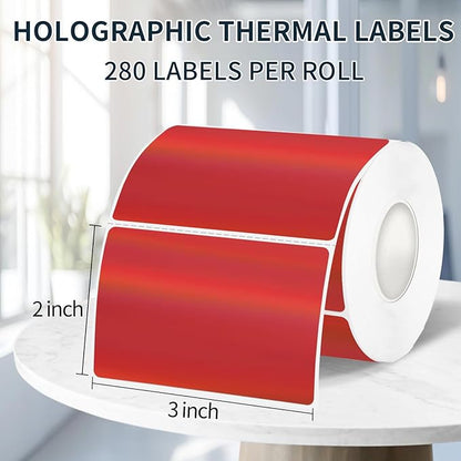 2" x 3" Holographic Thermal Label Stickers Red,Printable Rainbow Glitter Thermal Printer Sticker Labels for Gift Wrapping, Self-Adhesive Name Price Tag DIY Custom Logo Design (280 pcs)
