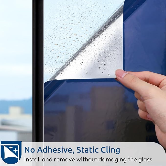 rabbitgoo Window Privacy Film One Way Window Tint for Home, Removable Reflective Heat Sun Blocking Anti UV Glass Door Covering, Mirror Tinting Film House Office, 29.5 in X 13.1 Feet, Blue Silver