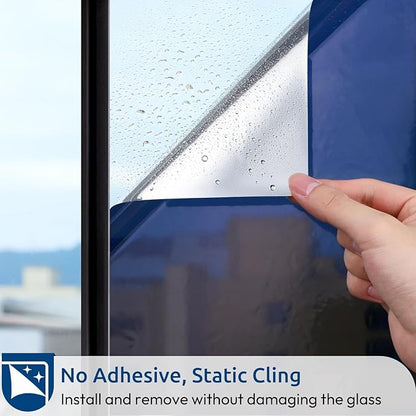 rabbitgoo Window Privacy Film One Way Window Tint for Home, Removable Reflective Heat Sun Blocking Anti UV Glass Door Covering, Mirror Tinting Film House Office, 29.5 in X 6.5 Feet, Blue Silver