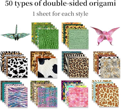 Square Origami Paper 6x6 Double Sided 50 Sheets 50 Colors 70GSM Origami Kit Japanese Chiyo Easy Fold Arts Crafts DIY Handwork Beginner Animal Fur