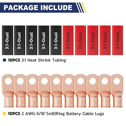 haisstronica 10pcs 2 AWG - 5/16" (M8) Battery Cable Lugs, Heavy Duty Copper Wire Lugs with 10pcs 3:1 Adhesive Heat Shrink Tubing, 2 Gauge Wire Connectors Battery Terminal Connector, Battery Cable Ends