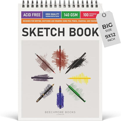 BEECHMORE BOOKS 9x12 Spiral Sketchbook – 140 GSM Acid-Free Paper, 100 Perforated Pages, A4 Art Sketch Pad for Drawing & Sketching, Artists, Adults