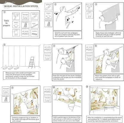 AFZEVEB-Safari Wallpaper Watercolor Animal Nursery Wall murals for Kids Room 159"x107"(Not Peel and Stick)
